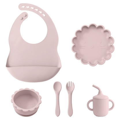 Color Kids Baby Feeding Set Solid Color Utensils Waterproof Bib Cartoon Lion Shape Sucker Dishes Plate Feeding Bowl Spoon Cup