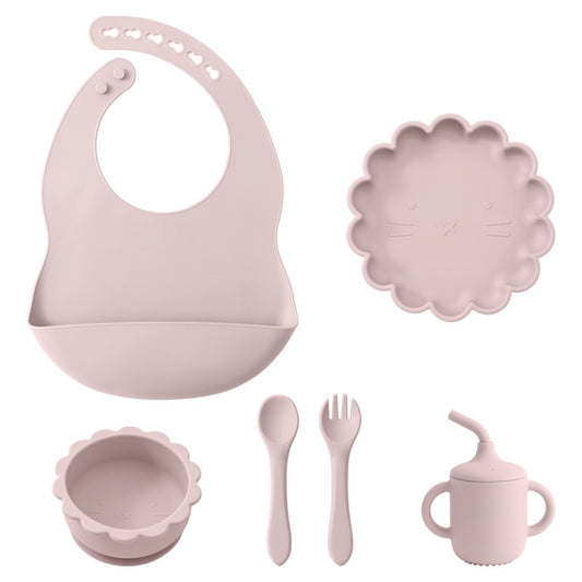 Color Kids Baby Feeding Set Solid Color Utensils Waterproof Bib Cartoon Lion Shape Sucker Dishes Plate Feeding Bowl Spoon Cup