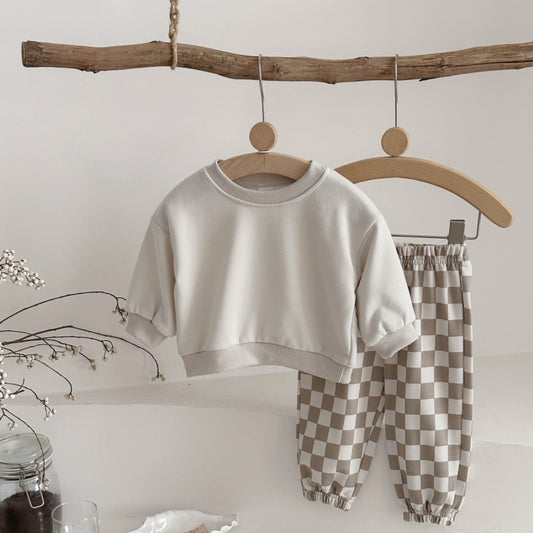 Autumn Fashion Newborn Baby Boys Girls Clothes Comfort Outfit Solid Color Long Sleeves Top+Chessboard Pattern Pants 2Pcs/set