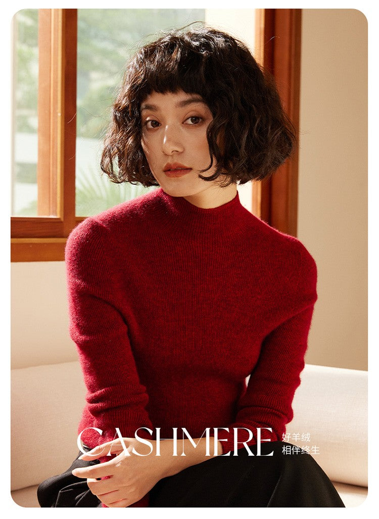 Autumn and winter new women's 100% pure cashmere semi high neck pullover sweater knitted slim fit hot selling women's top