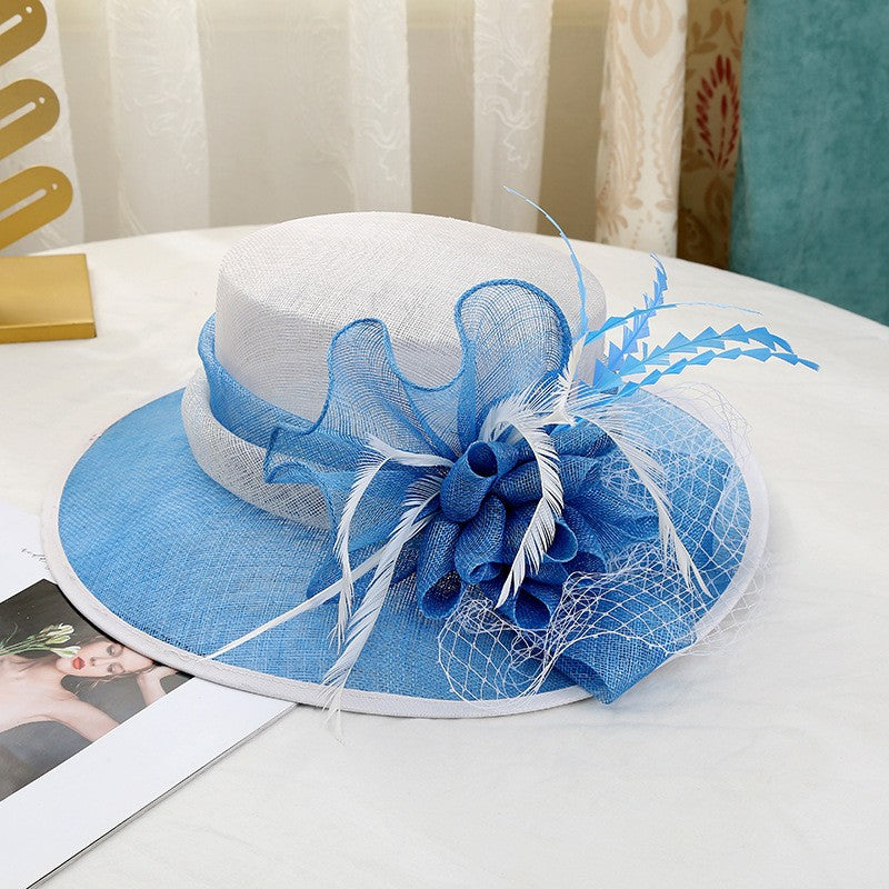 Chapéu de sol de aba grande com design de padrão de fio de cânhamo duplo, acessórios de pena, elegante chapéu de banquete, chapéu de praia para casamento ou férias, chapéu equestre