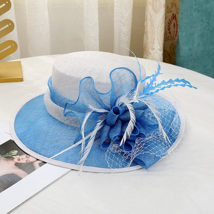 Chapéu de sol de aba grande com design de padrão de fio de cânhamo duplo, acessórios de pena, elegante chapéu de banquete, chapéu de praia para casamento ou férias, chapéu equestre