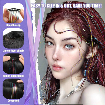12Pçs Cabelo Sintético Tinsel 50cm com Presilha Glitter Tinsel Presilha de Cabelo Kit de Tinsel Resistente ao Calor Brilho Cintilante Cabelo de Fada