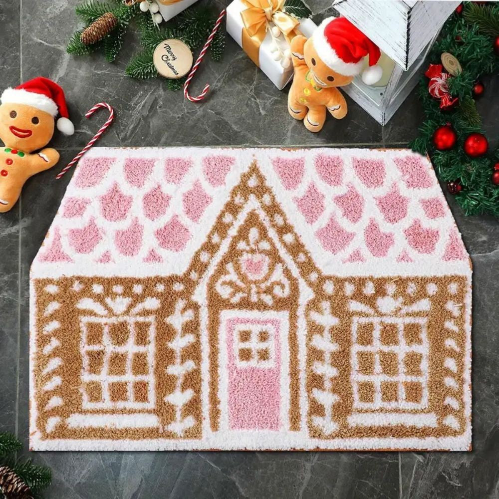 VIKAMA Christmas Gingerbread House Wool-like Carpet Water-Resistant Soft Bath Mat Bedside Rug for Bedroom Winter Home Decoration