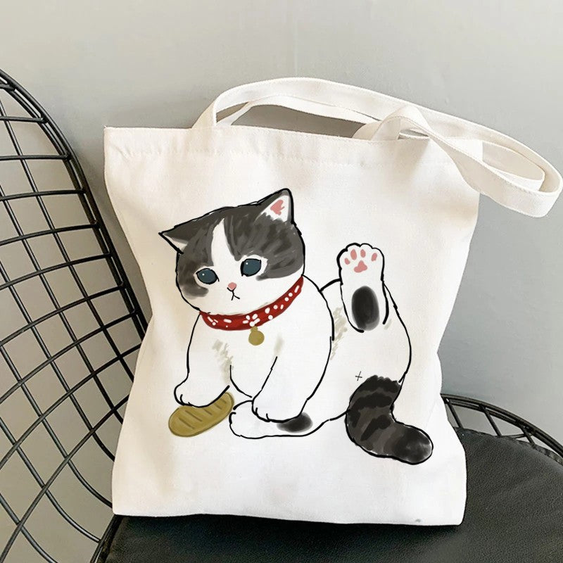 Kawaii Cats Manga Cartoon Reusable Tote Bag Women's High Capacity Versatile Canvas Shoulder Bag, Beach Shopper Handbag