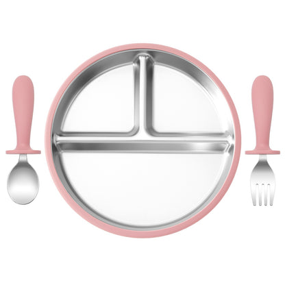 3PCS Silicone Stainless Steel Feeding Kit Toddler Sucker Feeding Dishes Plate Infant Self Feeding Training BPA Free Fork Spoon