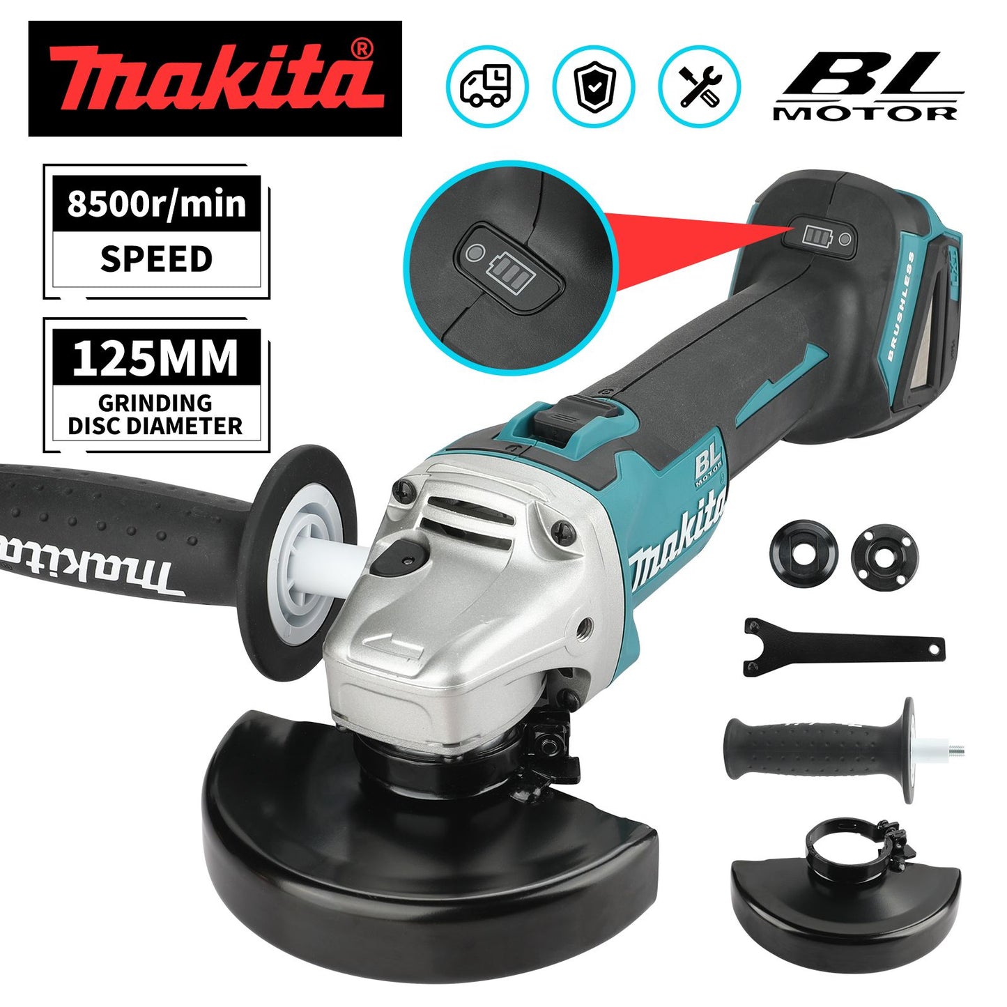 Retífica/Esmerilhadeira a Bateria Makita 18V DGA504, Disco 125mm, 6,0Ah Li-Ion - Esmerilhadeira Angular de 4-1/2" / 5", Para Desbaste de Metal e Corte de Madeira