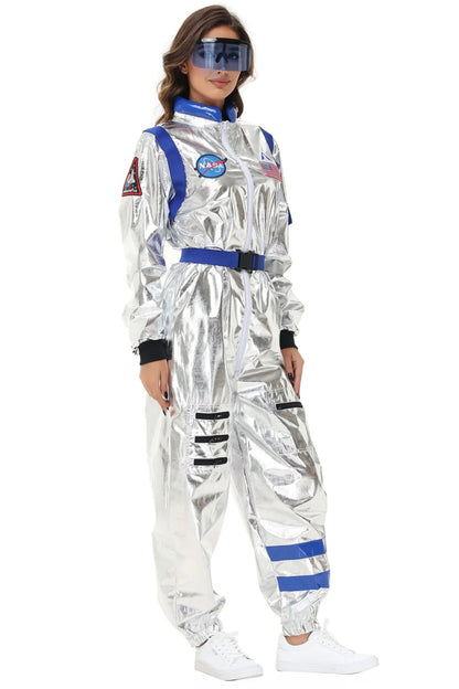Adult Silver Astronaut Costume Men Women Spaceman Suit Space Jumpsuit Halloween Cosplay Party Dress Up