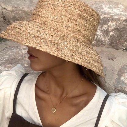 Chapéus de Verão Femininos Retrô Aba Reta Caída Chapéu de Palha de Ráfia Feito à Mão Chapéu de Palha de Praia de Proteção Solar Feminino para Ambientes Externos