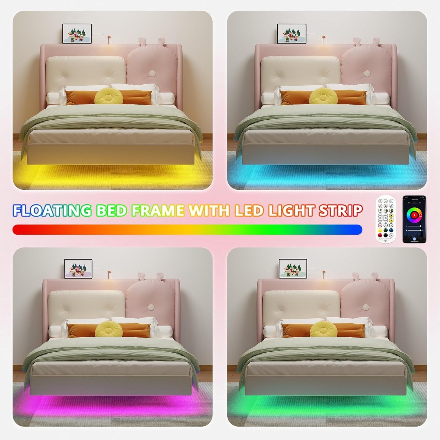 Twin Floating Bed Frame, Platform Bed Frame with Leather Upholstered Headboard, Charging Station & LED Light, Solid Wood
