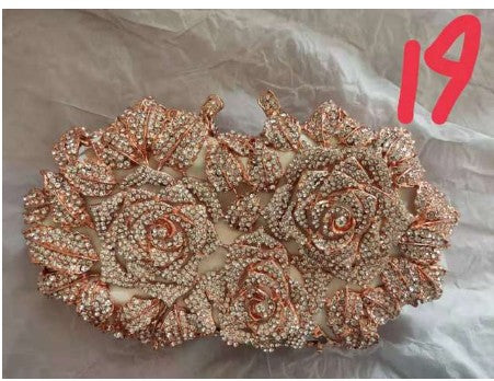Golden Silver Luxury Crystals Evening Bags Fashion Rose Flower Diamonds Clutch Bags Soiree Purse Women Wedding Bride Handbags