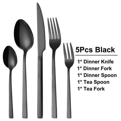 Black Cutlery Stainless Steel Western Tableware Mirror Knife Fork Spoon Dinnerware Kitchen Utensils 1/2/3/4/5 Set Flatware