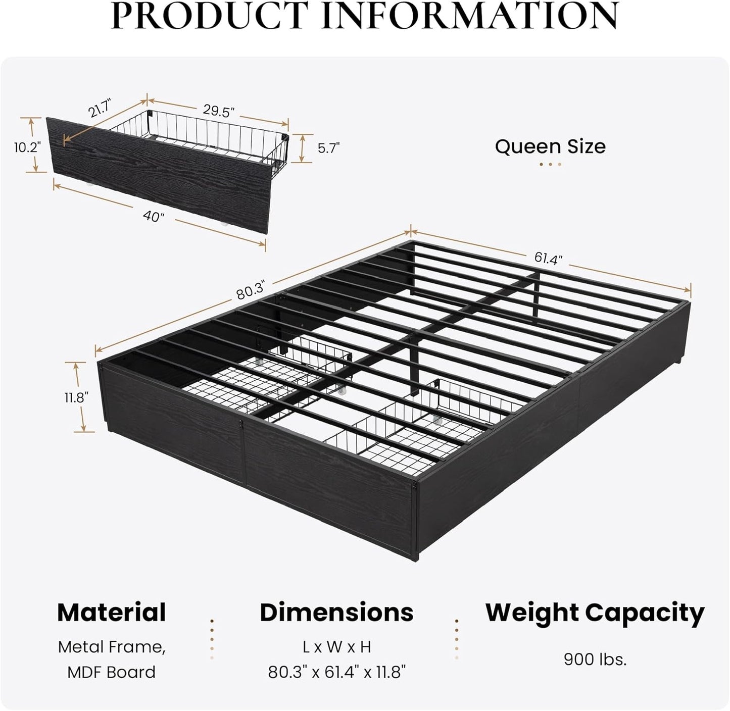 Cama Queen com Estrutura, 2 Gavetas Grandes de Armazenamento, Silenciosa, Fácil de Montar, Não Precisa de Box Spring, Cama com Armazenamento