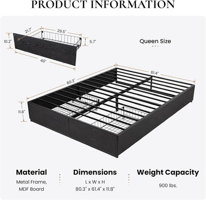 Cama Queen com Estrutura, 2 Gavetas Grandes de Armazenamento, Silenciosa, Fácil de Montar, Não Precisa de Box Spring, Cama com Armazenamento