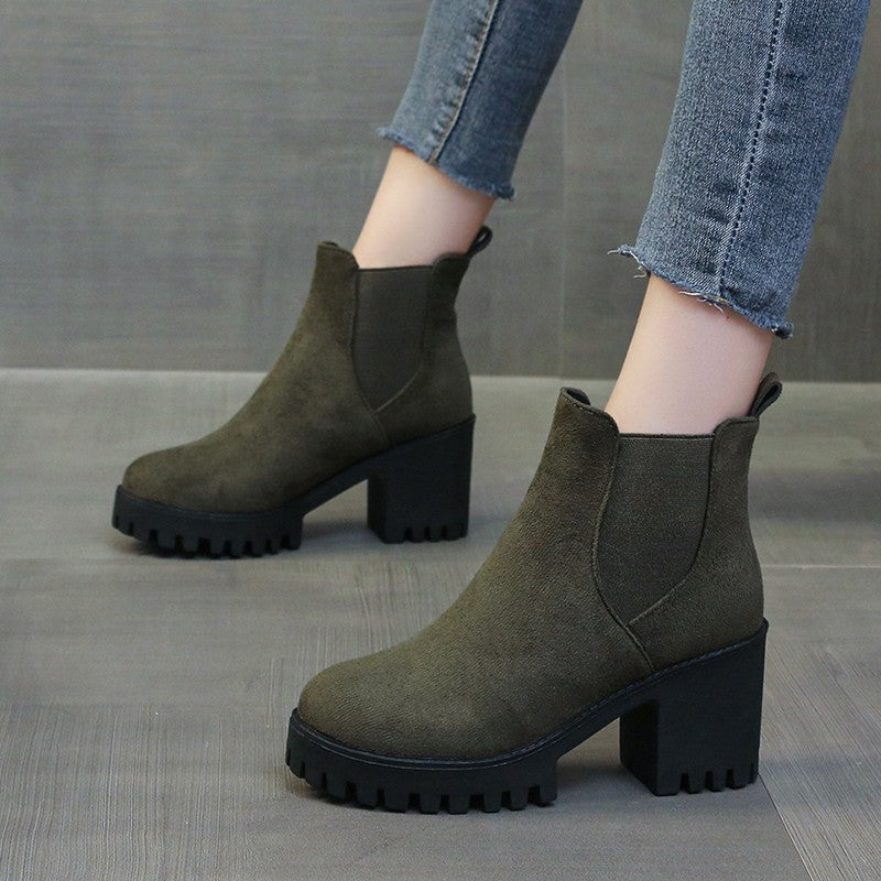 Autumn Women Suede Ankle Boots Fashion Metal Decoration Slimming Short Booties Autumn Winter Female Thick Heel Shoes D114