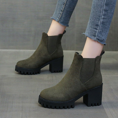 Autumn Women Suede Ankle Boots Fashion Metal Decoration Slimming Short Booties Autumn Winter Female Thick Heel Shoes D114