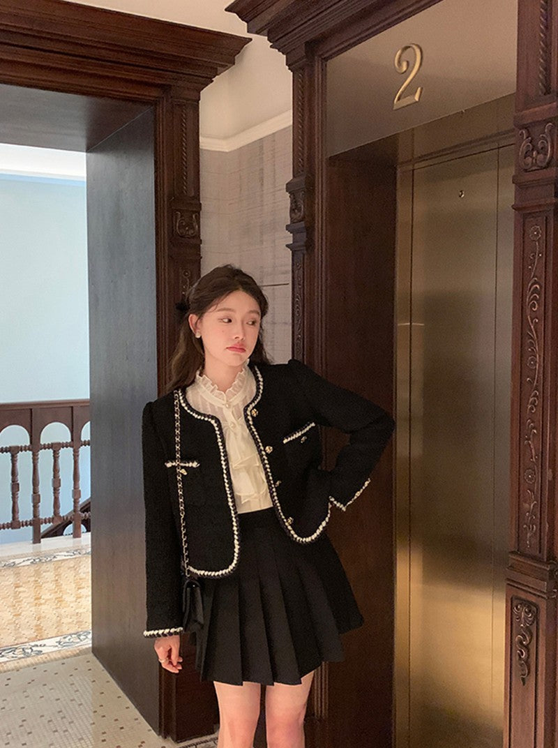 Vintage Cropped Tweed Jackets Women Elegant Black Thicken Coat Korean Single Breasted Blazer Casual Warm Short Outerwear Tops