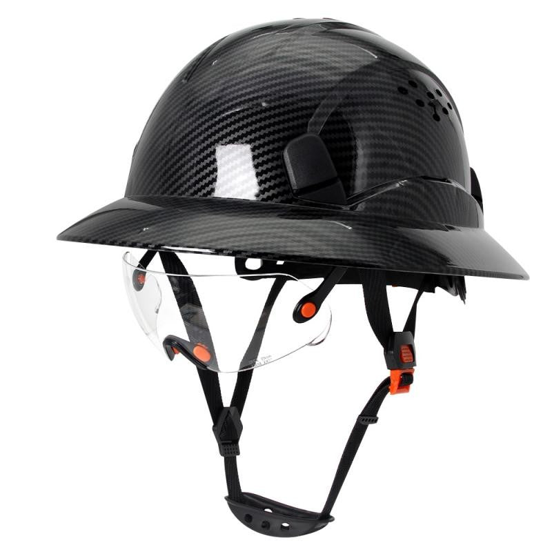 CE Carbon Fiber Full Brim Hard Hat w/ Built In Goggle Triangle Face Towel Construction Engineer  Safety Helmet ABS Safety Cap