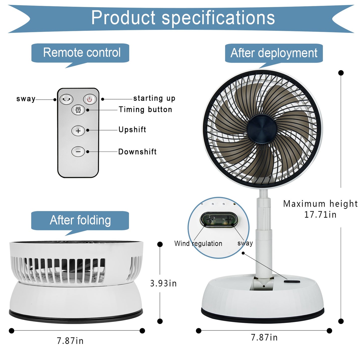 Portable Folding Fan 6000mAh USB Remote Control Air Cooler Silent Rechargeable Wireless Floor Standing Fan For Outdoor Home