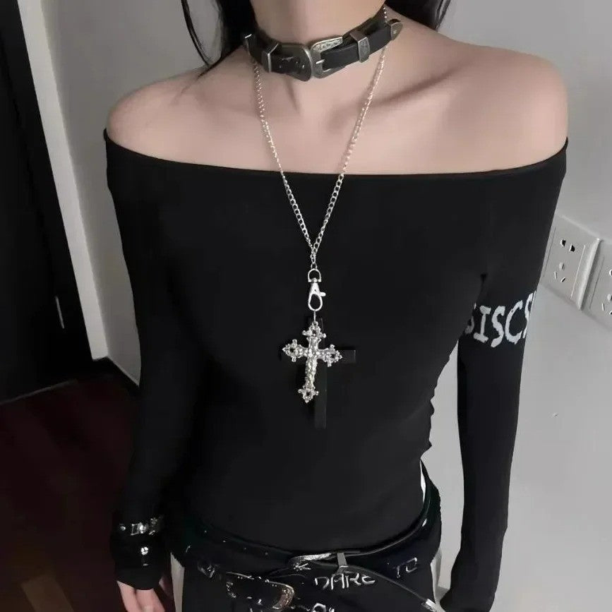 Personality Punk Trendy Cool Gothic Wood Cross Pendant NNecklace for Women Men Vintage Hip Hop Y2k Necklace Party Jewelry Gift