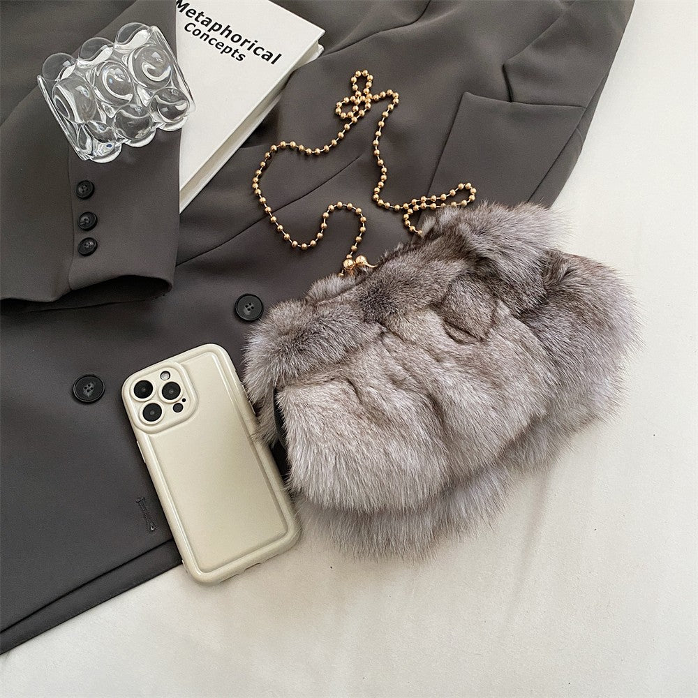 MOODS Soft Plush Evening Bags For Elegant Women Fox Fur Dinner Party Clutch Chain Crossbody Winter Warm Luxury Designer Handbags