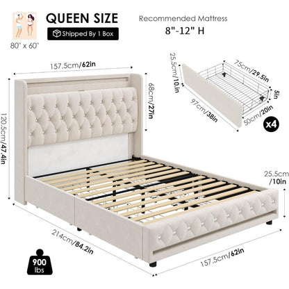 Luxurious Velvet Queen LED Bed Frame with Built-in Charging Station and 4 Storage Drawers, Enhanced with Handcrafted Crystals