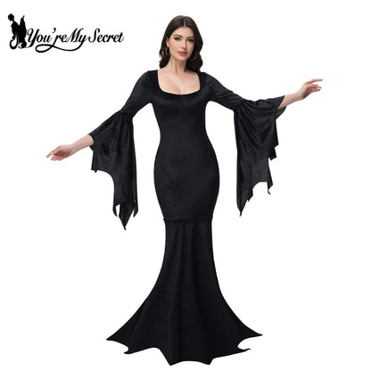 [You're My Secret] Halloween Morticia Adams Primate Black Adams Family Dress Retro Gothic Flared Sleeve Fishtail Dress Vestido