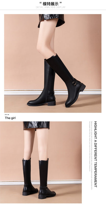 Black Pu Leather Knee Boots for Women Shoes Metal Buckle Decoration New Fashion Outdoor Long Botas Ladies Footwear Size 34-41