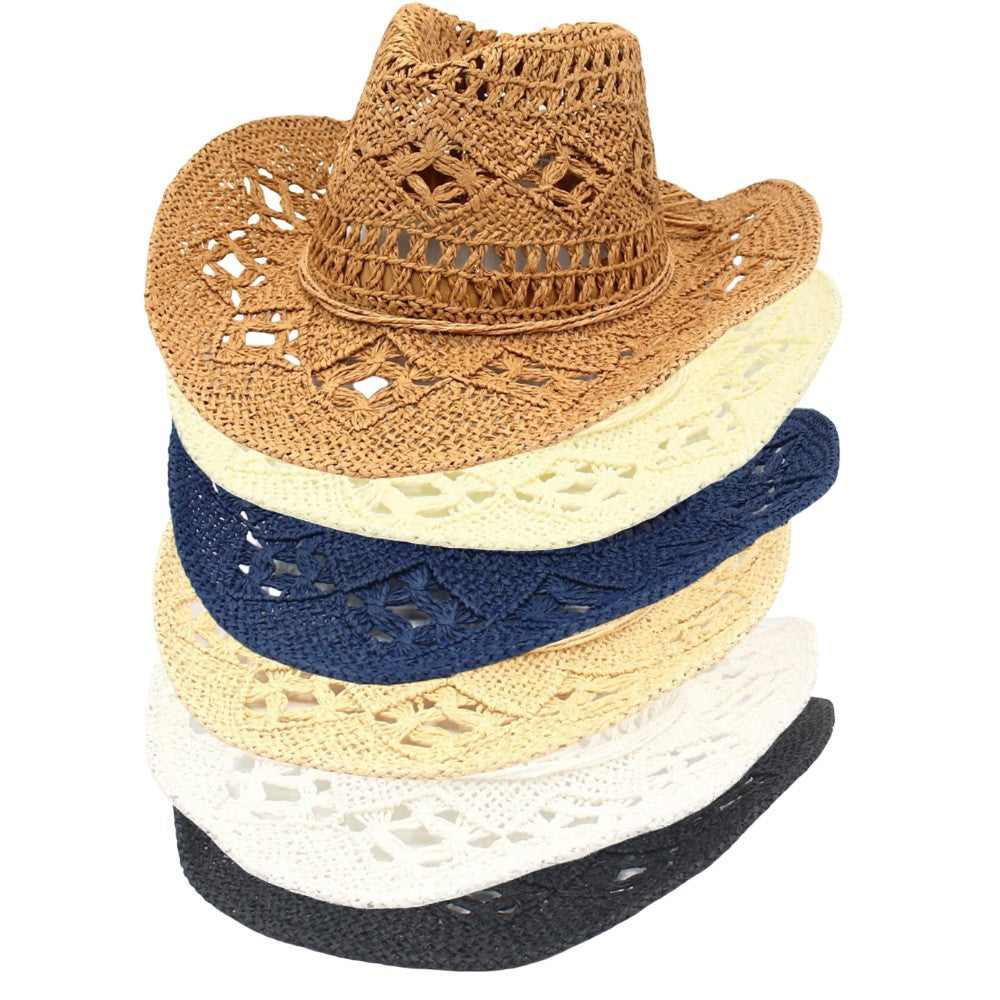 Chapéu de Sol Boêmio de Verão com Conchas, Chapéu de Cowboy Feminino e Masculino Dobrável Vazado de Palha com Aba Larga para Férias