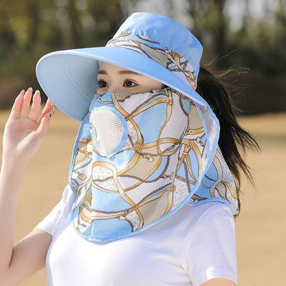 Verão Mulheres Exterior Estampa Chapéu Pescador Proteção UV Aba Larga Chapéu Jardim Trabalho Sombra Respirável Máscara Facial Destacável Quepe
