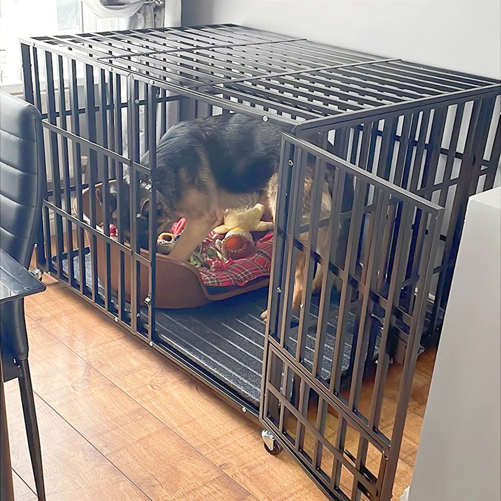 Caixa Grande Reforçada para Cães XXL Gaiola Resistente para Animais de Estimação Tubo Quadrado de Metal Canil Cercadinho com Rodas Traváveis e Bandeja