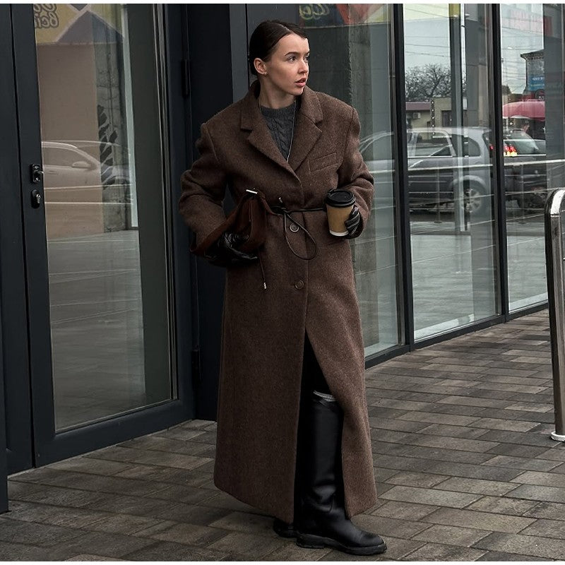 Women Shoulder Pad Wool Long Coats Fashion Lapel Single-breasted Long Sleeve Coat Chic 2025 Autumn Lady Commute Street Outerwear