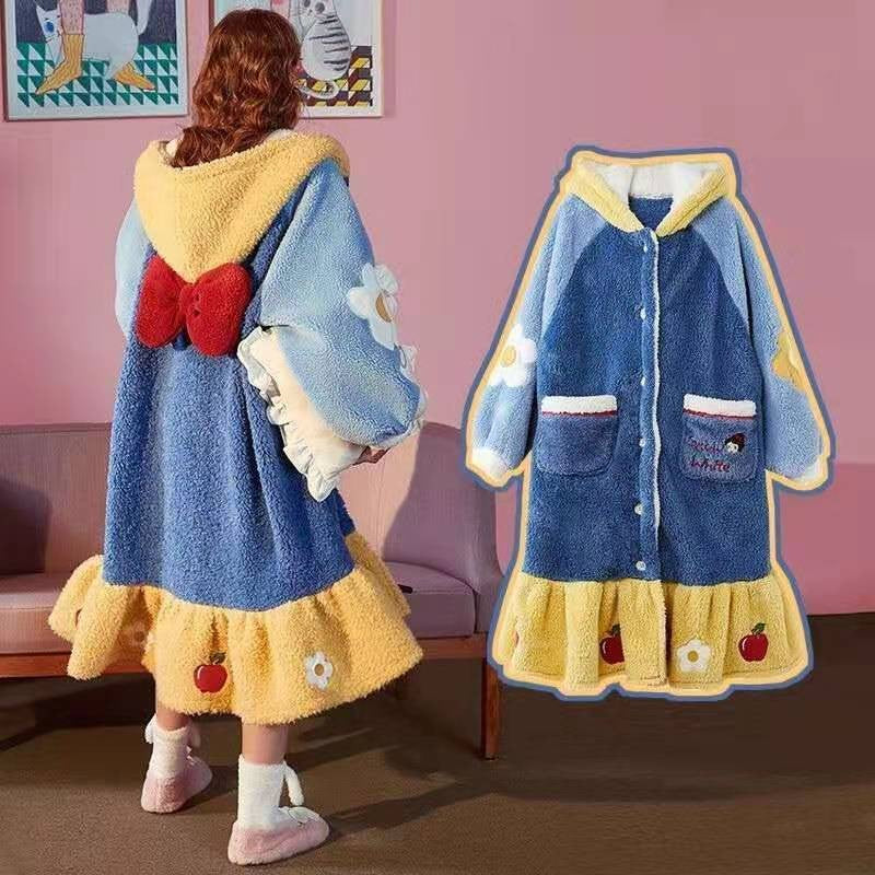 Branca de Neve Princesa Coral Veludo Camisola Feminina Pijama Fofo Desenho Animado Com Capuz Engrossado Outono Inverno Roupão de Banho Roupa de Casa