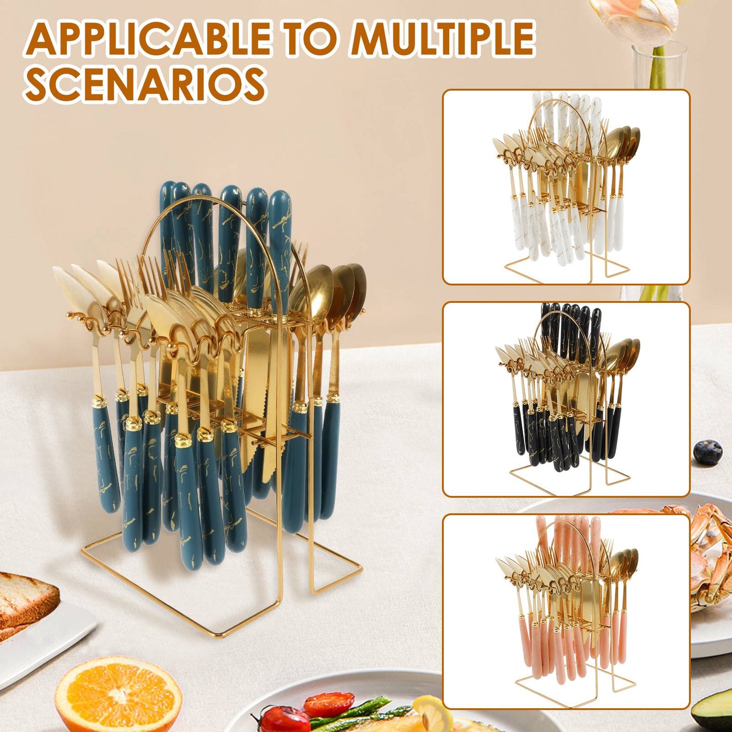 24Pcs Silverware Set with Hanging Holder Stainless Steel Flatware Set Mirror Polished Forks Knives Spoon Tableware Set for Home