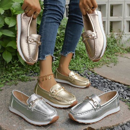 Gold Silver Metal Chain Flats Shoes Women Spring Autumn Plus Size Platform Loafers Woman Slip On Soft Bottom Casual Shoes Female