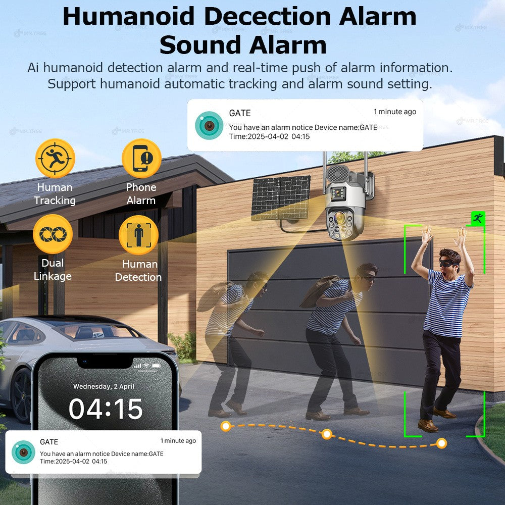Câmeras de segurança solares externas 4K, 4G SIM, 2 lentes/tela, zoom óptico de 60x, rastreamento automático, PTZ 360°, câmera IP para vigilância residencial