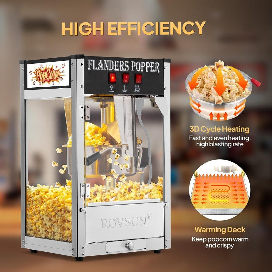 Máquina de pipoca comercial com chaleira de 8 onças, produz até 32 xícaras de pipoca fresca, ideal para cinemas residenciais e en