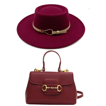 Acessórios femininos de fivela de couro metal com chapéu de feltro de pele com top côncavo e convexo, chapéu fedora e conjunto de bolsa combinando, estilo retrô