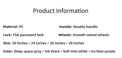 New Process Plastic Frame Suitcase 20-inch Carry-on Luggage 28-inch Thickened Trolley Case Large Capacity Travel Bag with Passwo