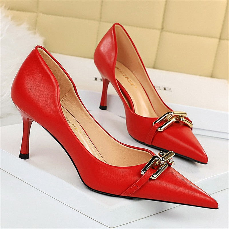 Women 7cm High Heels Pumps Lady Scarpins Fetish Nightclub Blue Nude Low Heels Wedding Party Metal Chain Buckle Fetish Prom Shoes