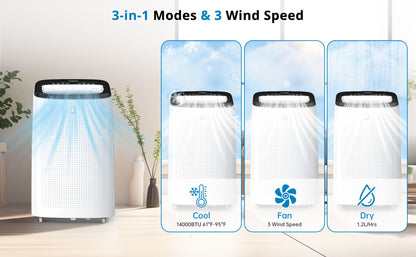 Ar Condicionado Portátil 14000 BTUs Refrigera até 70 m² Unidade AC 3 em 1 Desumidificador Ventilador Controle Remoto Timer 24h para Casa