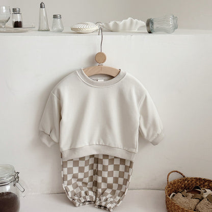 Autumn Fashion Newborn Baby Boys Girls Clothes Comfort Outfit Solid Color Long Sleeves Top+Chessboard Pattern Pants 2Pcs/set
