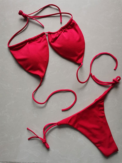 Summer Sexy Bikini set Push-up padded Bra Thong Split Swimwear Female Bandage Bathing Suit Adjustable Lacing Swimsuit Solid