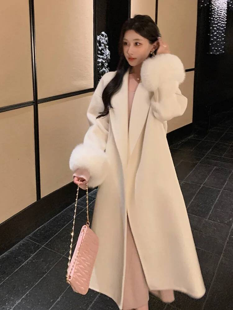 [EWQ] Wool Fox Fur Sleeve Women Coat Elegant Clothing Autumn 2025 Winter Double-sided Jacket Big Size Wine Red Overcoats 16O2751