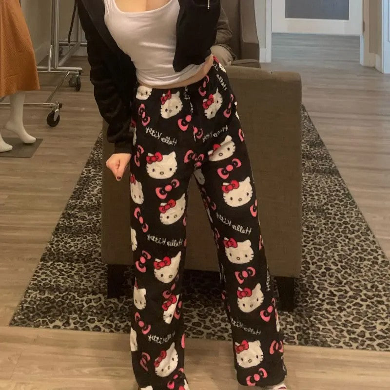 Calças de Pijama Hello Kitty Y2K Calças de Pijama Femininas Sanrio Anime Calças de Dormir para Casal de Desenho Animado Calças de Casa Roupa de Lazer para Casa