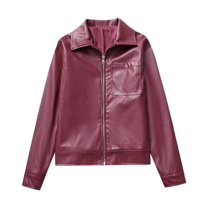 Jaqueta Feminina de Couro Sintético Vermelho Vinho Vintage, Casaco Moderno com Zíper e Lapela, Casacos de Outono Inverno, Blusas Curtas Femininas Estilo Streetwear