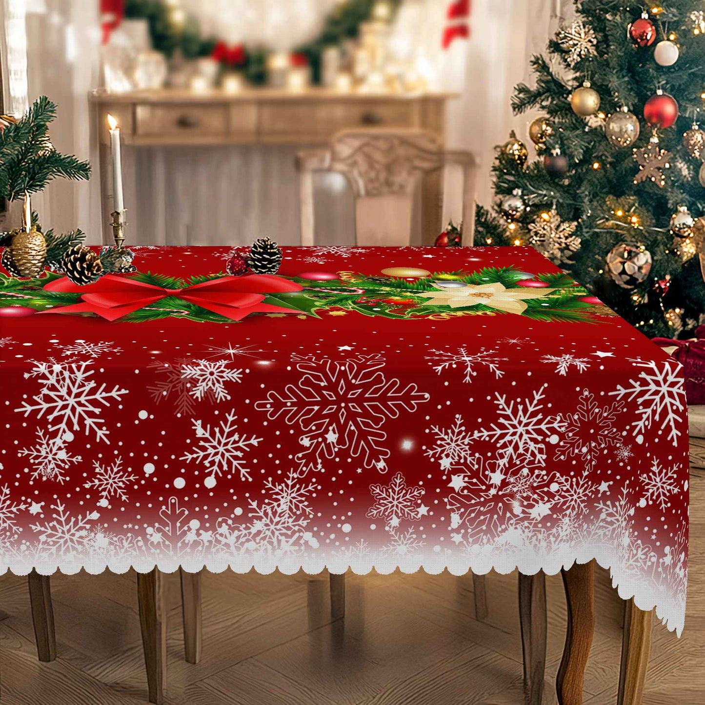 1 Piece Christmas Round and Rectangular Tablecloth, Various Sizes, Christmas Gift Box Bow Snowflake Print Pattern Design Tablecloth for Daily Home Kitchen, Terrace Use, Gifts