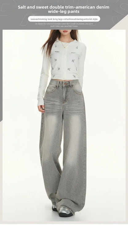 Gray American High Street Wide Leg Jeans Women Loose Drapey Slim Straight Floor-Length Pants High Waist Button Decoration