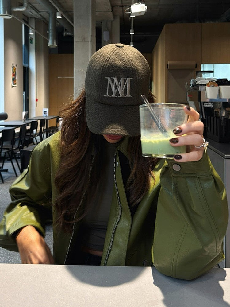 Olive Green Leather Jacket Coat Silhouette Vintage High Street Trend Zipper Lapel Short Overcoat Loose Casual Top Outwear Autumn