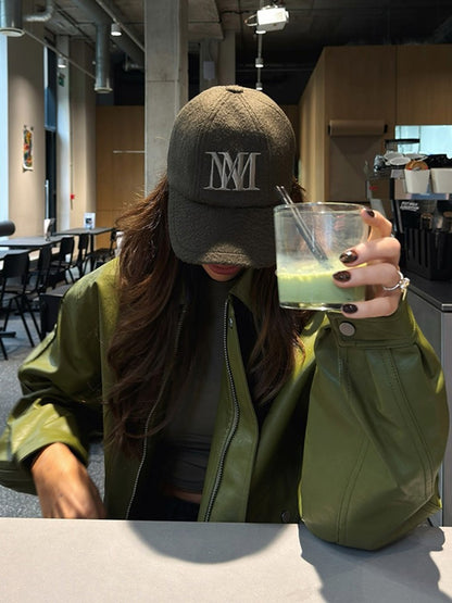 Olive Green Leather Jacket Coat Silhouette Vintage High Street Trend Zipper Lapel Short Overcoat Loose Casual Top Outwear Autumn